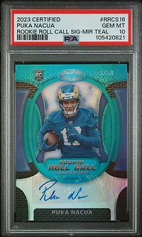 2023 Panini Certified Rookie Roll Call Signature Rrcs16 Puka Nacua Mirror Teal PSA 10