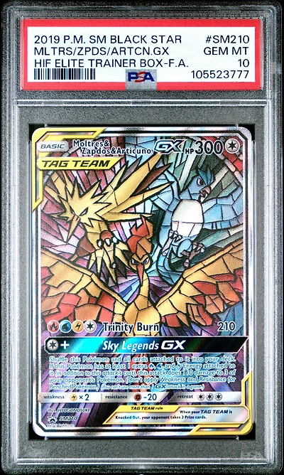 2019 Pokemon Sm Black Star Promo Sm210 Full Art/moltres & Zapdos & Articuno Gx Hidden Fates Elite Trainer Box PSA