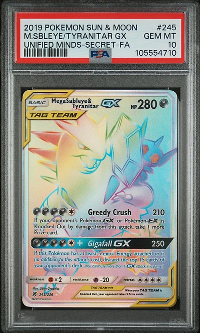 2019 Pokemon Sun & Moon Unified Minds 245 Full Art/mega Sableye & Tyranitar Gx Secret PSA
