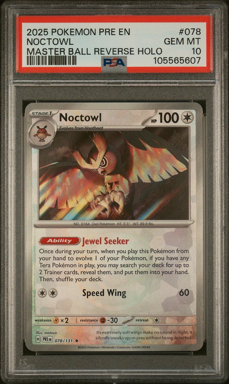 2025 Pokemon Pre En-prismatic Evolutions 078 Noctowl Master Ball Reverse Holo PSA