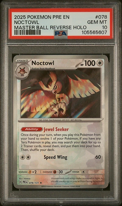 2025 Pokemon Pre En-prismatic Evolutions 078 Noctowl Master Ball Reverse Holo PSA