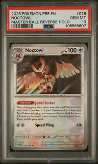 2025 Pokemon Pre En-prismatic Evolutions 078 Noctowl Master Ball Reverse Holo PSA
