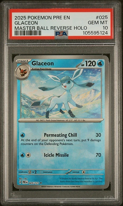 2025 Pokemon Pre En-prismatic Evolutions 025 Glaceon Master Ball Reverse Holo PSA