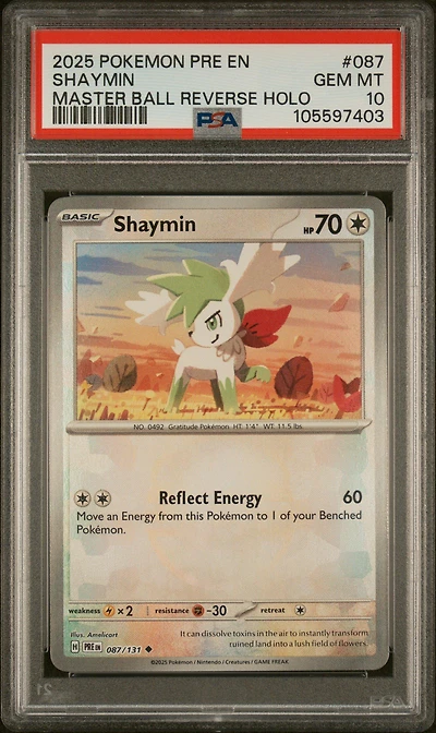 2025 Pokemon Pre En-prismatic Evolutions 087 Shaymin Master Ball Reverse Holo PSA 10