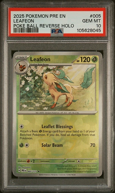 2025 Pokemon Pre En-prismatic Evolutions 005 Leafeon Poke Ball Reverse Holo PSA