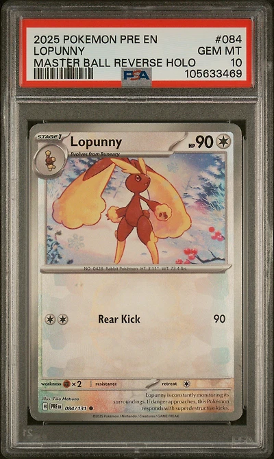 2025 Pokemon Pre En-prismatic Evolutions 084 Lopunny Master Ball Reverse Holo PSA 10