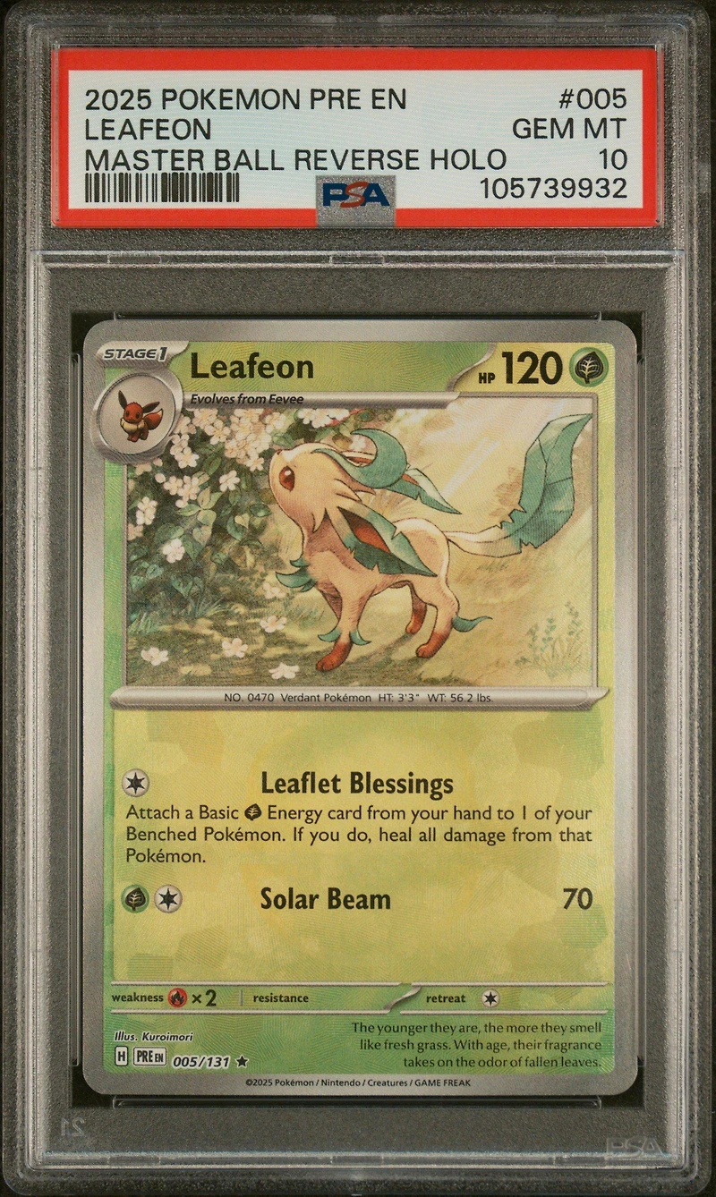2025 Pokemon Pre En-prismatic Evolutions 005 Leafeon Master Ball Reverse Holo PSA