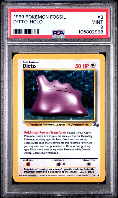 1999 Pokemon Fossil 3 Ditto-holo PSA 9