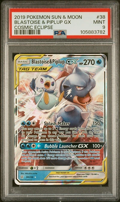 2019 Pokemon Sun & Moon Cosmic Eclipse Blastoise & Piplup Gx PSA