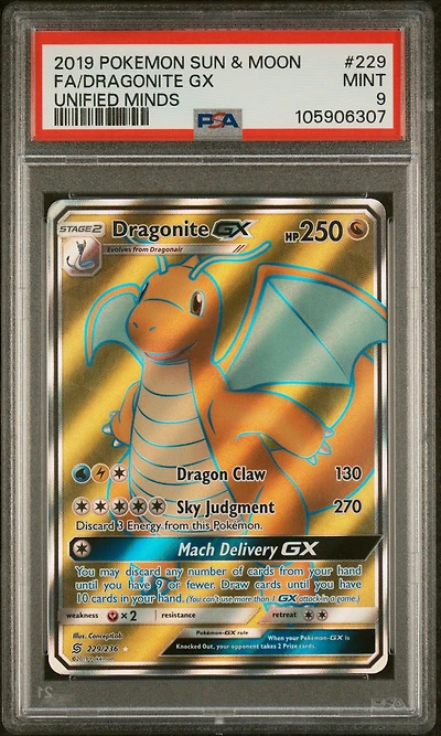 2019 Pokemon Sun & Moon Unified Minds 229 Full Art/dragonite Gx PSA