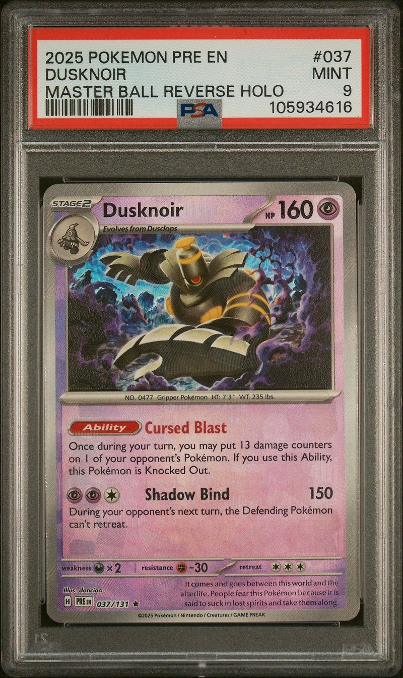 2025 Pokemon Pre En-prismatic Evolutions 037 Dusknoir Master Ball Reverse Holo PSA