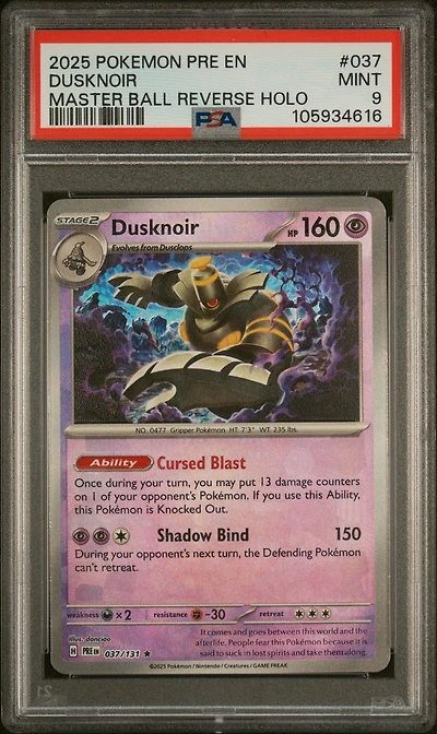 2025 Pokemon Pre En-prismatic Evolutions 037 Dusknoir Master Ball Reverse Holo PSA 9