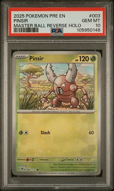2025 Pokemon Pre En-prismatic Evolutions 003 Pinsir Master Ball Reverse Holo PSA