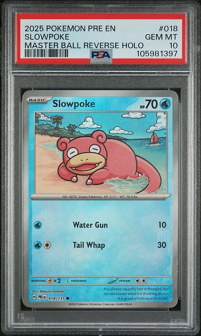 2025 Pokemon Pre En-prismatic Evolutions 018 Slowpoke Master Ball Reverse Holo PSA