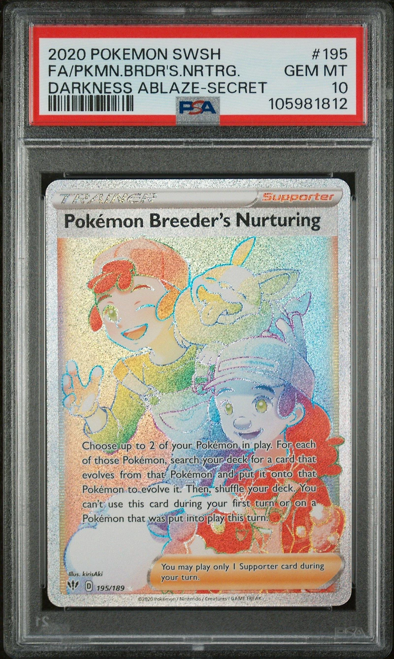 2020 Pokemon Sword & Shield Darkness Ablaze 195 Full Art/pokemon Breeder's Nurturing Secret PSA 10