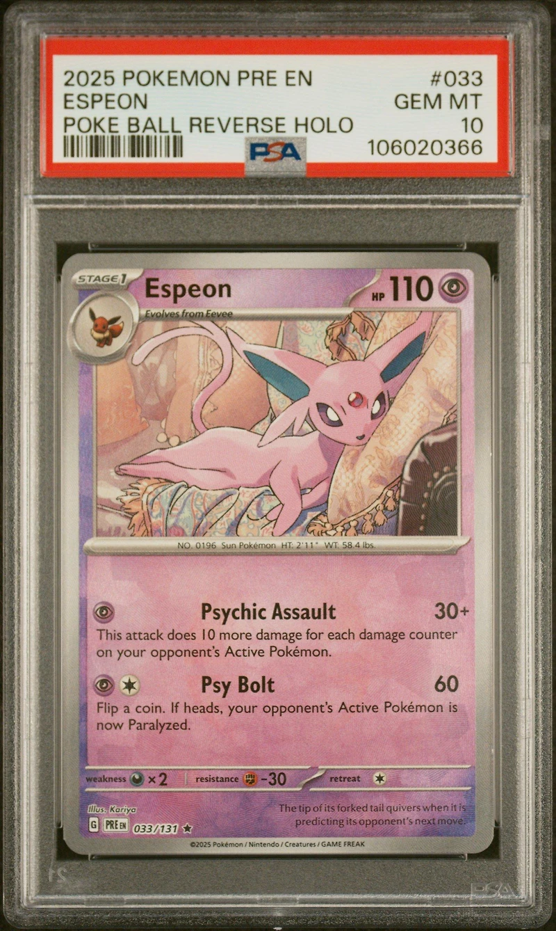2025 Pokemon Pre En-prismatic Evolutions 033 Espeon Poke Ball Reverse Holo PSA