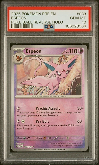 2025 Pokemon Pre En-prismatic Evolutions 033 Espeon Poke Ball Reverse Holo PSA
