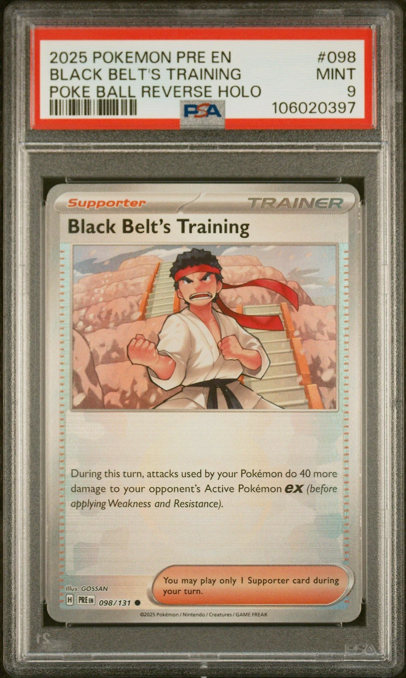 2025 Pokemon Pre En-prismatic Evolutions 098 Black Belt's Training Poke Ball Reverse Holo PSA 9