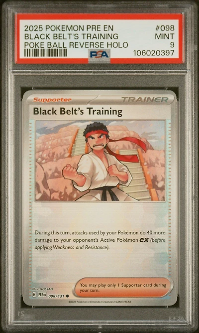 2025 Pokemon Pre En-prismatic Evolutions 098 Black Belt's Training Poke Ball Reverse Holo PSA 9