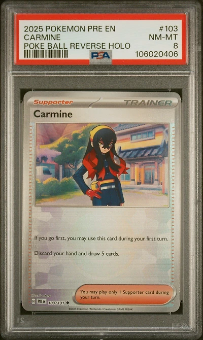 2025 Pokemon Pre En-prismatic Evolutions 103 Carmine Poke Ball Reverse Holo PSA 8