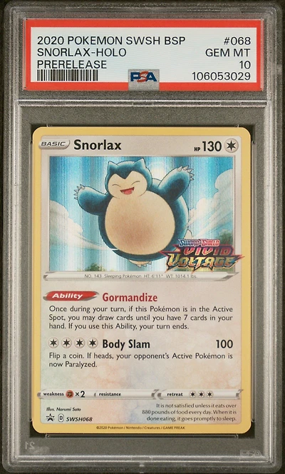 2020 Pokemon Swsh Black Star Promo 068 Snorlax-holo Prerelease PSA