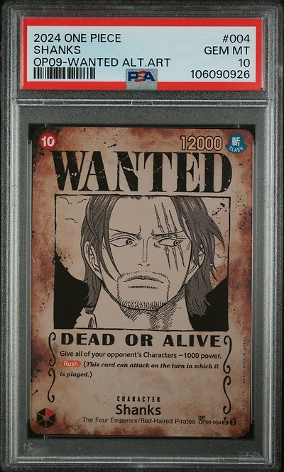 2024 One Piece Op09-emperors In The New World 004 Shanks Wanted Alternate Art PSA 10