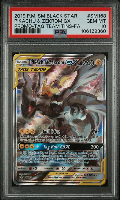 2019 Pokemon Sm Black Star Promo Sm168 Full Art/pikachu & Zekrom Gx Tag Team Tins PSA
