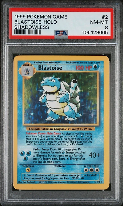1999 Pokemon Game 2 Blastoise-holo Shadowless PSA 8