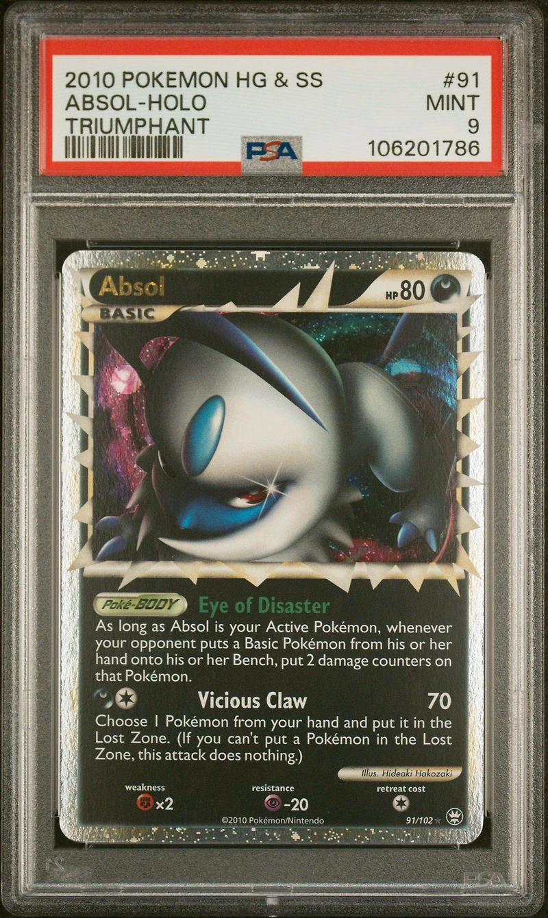 2010 Pokemon Heartgold & Soulsilver Triumphant 91 Absol-holo PSA 9