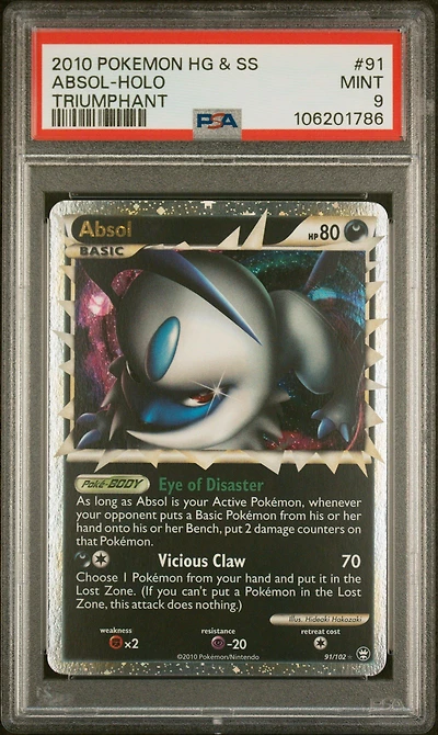 2010 Pokemon Heartgold & Soulsilver Triumphant 91 Absol-holo PSA 9