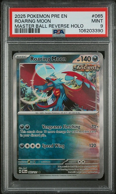 2025 Pokemon Pre En-prismatic Evolutions 065 Roaring Moon Master Ball Reverse Holo PSA