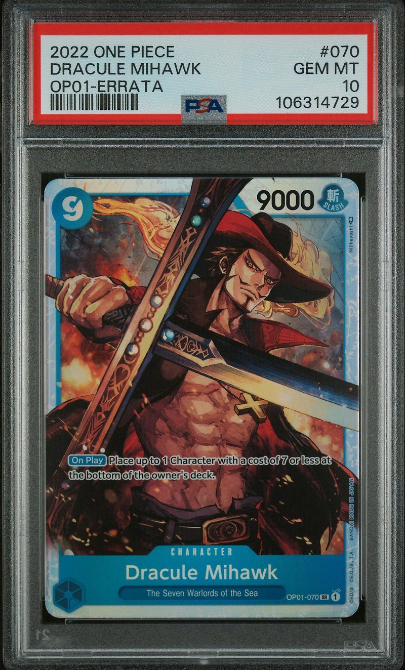 2022 One Piece Op01-romance Dawn 070 Dracule Mihawk Errata PSA 10
