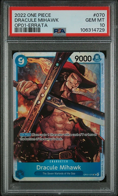 2022 One Piece Op01-romance Dawn 070 Dracule Mihawk Errata PSA 10