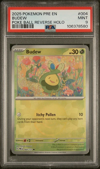 2025 Pokemon Pre En-prismatic Evolutions 004 Budew Poke Ball Reverse Holo PSA 9