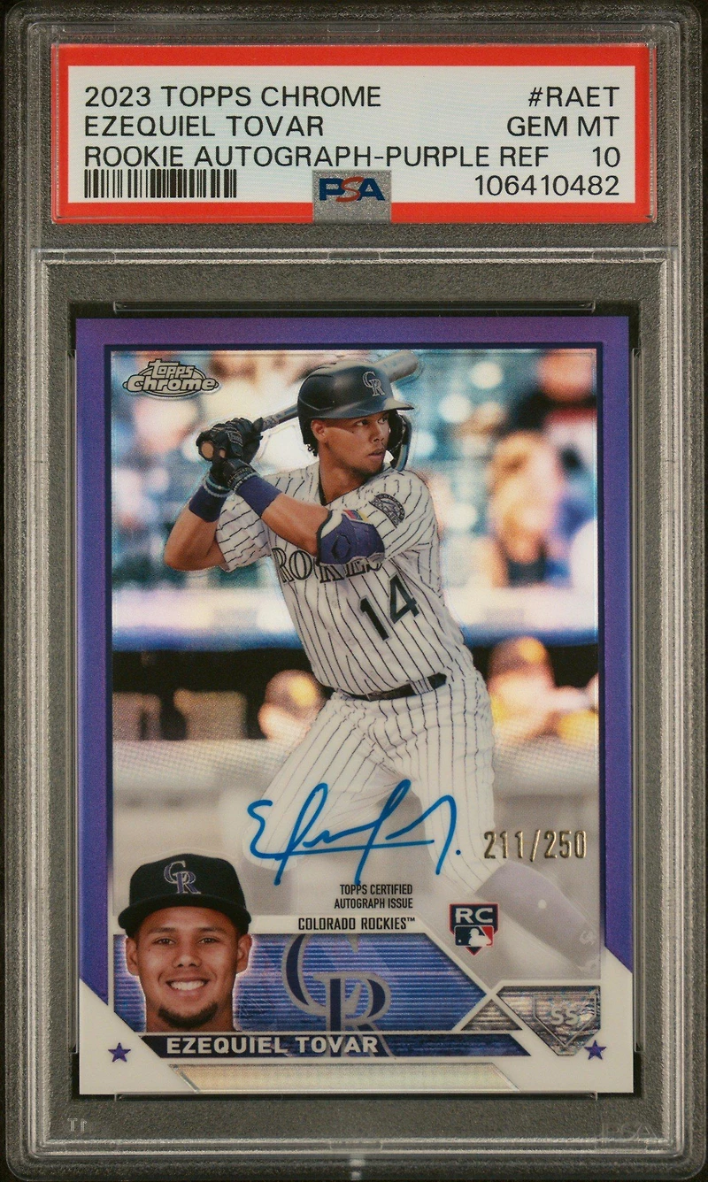 2023 Topps Chrome Rookie Autograph Raet Ezequiel Tovar Purple Refractor PSA