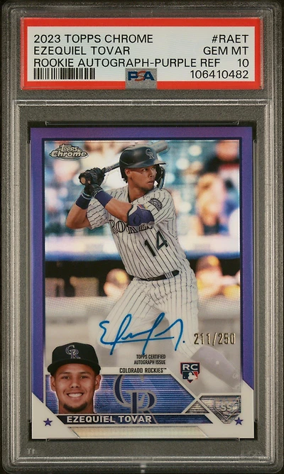 2023 Topps Chrome Rookie Autograph Raet Ezequiel Tovar Purple Refractor PSA