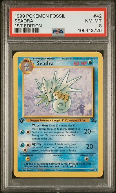 1999 Pokemon Fossil 42 Seadra 1st Edition PSA