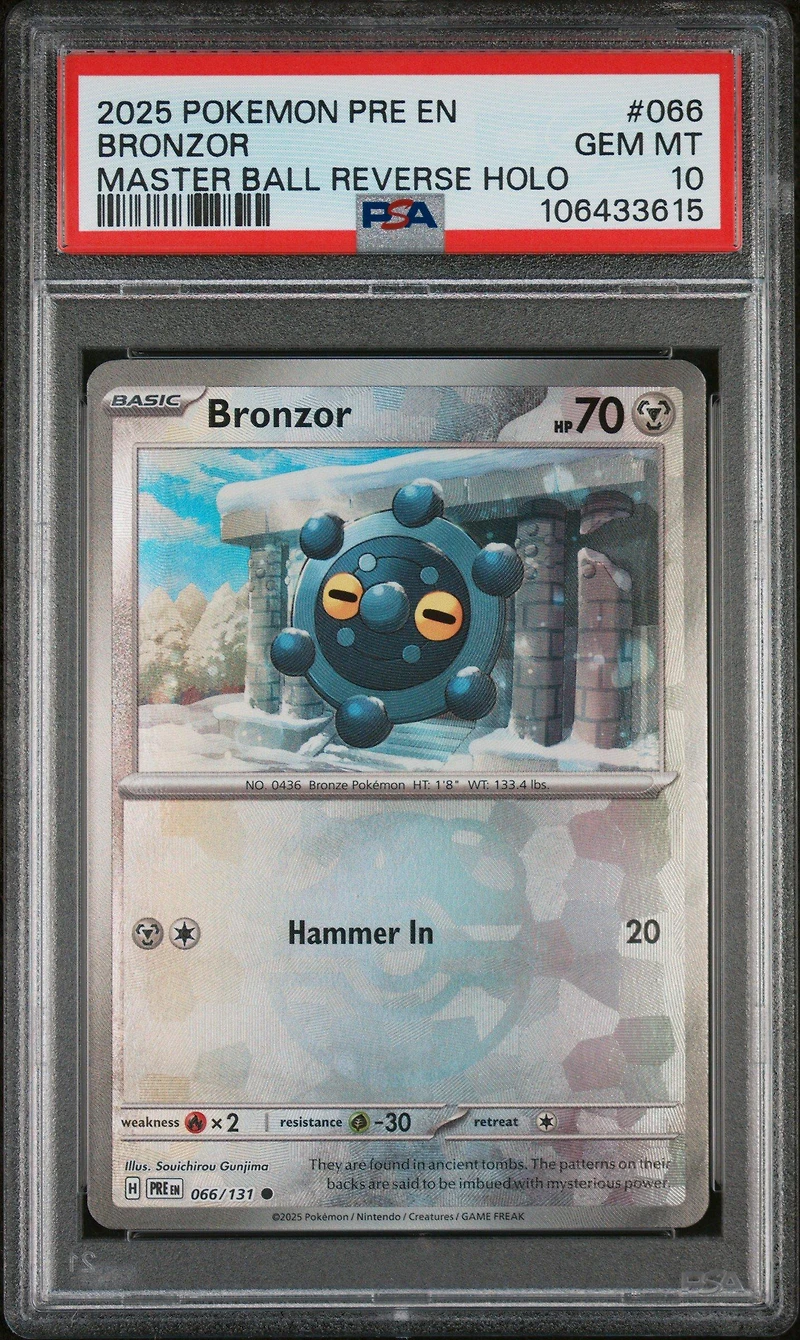 2025 Pokemon Pre En-prismatic Evolutions 066 Bronzor Master Ball Reverse Holo PSA 10
