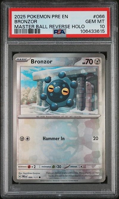 2025 Pokemon Pre En-prismatic Evolutions 066 Bronzor Master Ball Reverse Holo PSA 10