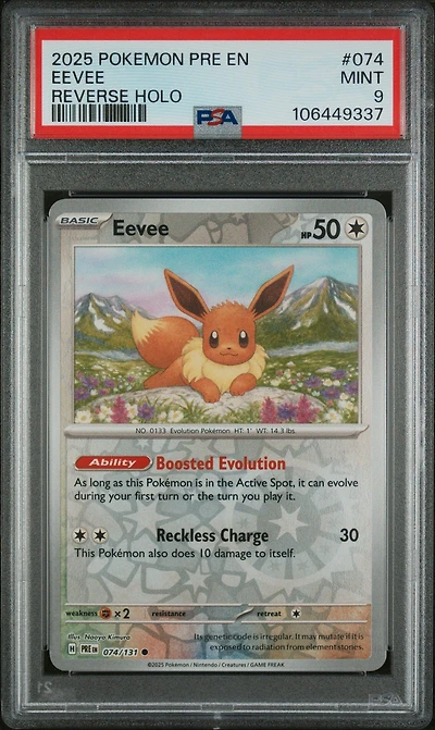 2025 Pokemon Pre En-prismatic Evolutions 074 Eevee Reverse Holo PSA 9