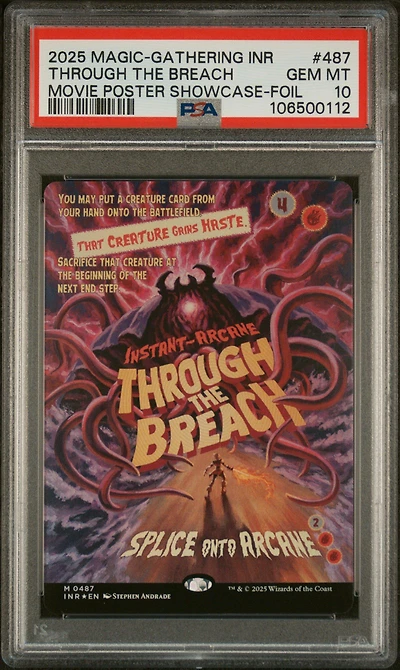 2025 Magic The Gathering Innistrad Remastered 487 Through The Breach Movie Poster Showcase-foil PSA 10