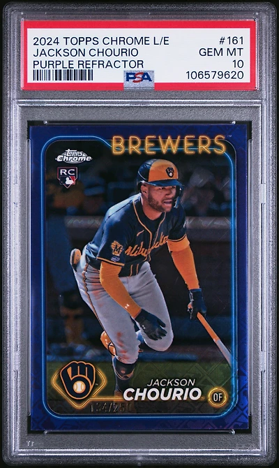 2024 Topps Chrome Logofractor Edition 161 Jackson Chourio Purple Refractor PSA 10