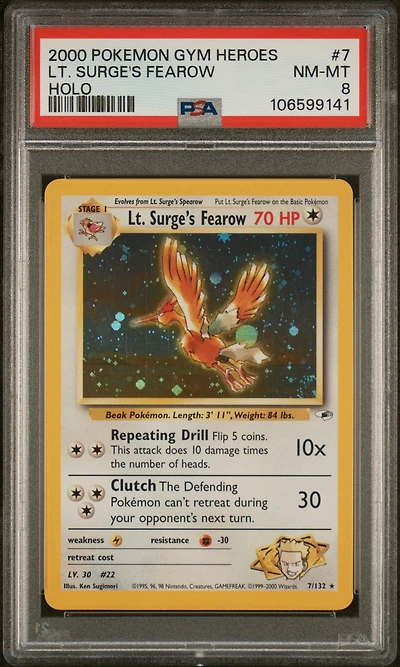 2000 Pokemon Gym Heroes 7 Lt. Surge's Fearow Holo PSA 8