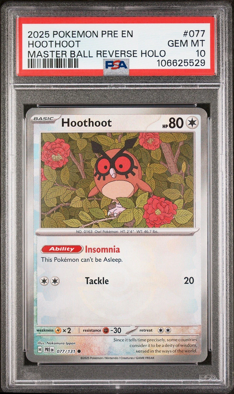 2025 Pokemon Pre En-prismatic Evolutions 077 Hoothoot Master Ball Reverse Holo PSA