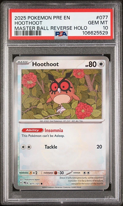 2025 Pokemon Pre En-prismatic Evolutions 077 Hoothoot Master Ball Reverse Holo PSA