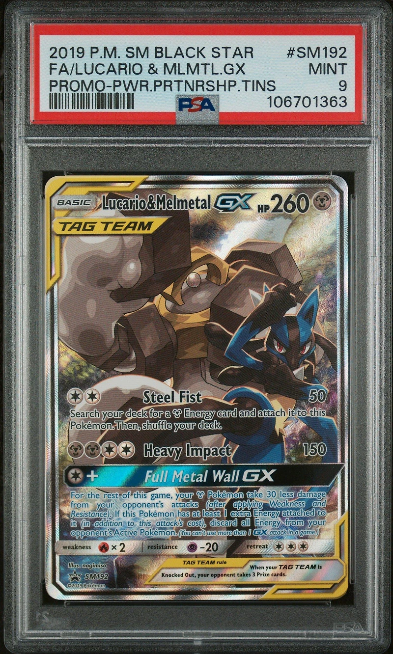 2019 Pokemon Sm Black Star Promo Sm192 Full Art/lucario & Melmetal Gx Power Partnership Tins PSA