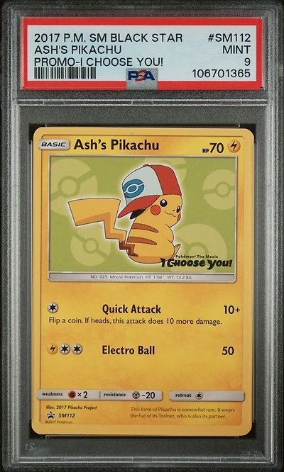 2017 Pokemon Sm Black Star Promo Sm112 Ash's Pikachu I Choose You! PSA
