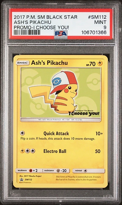 2017 Pokemon Sm Black Star Promo Sm112 Ash's Pikachu I Choose You! PSA 9