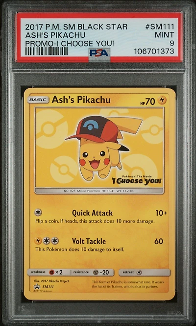 2017 Pokemon Sm Black Star Promo Sm111 Ash's Pikachu I Choose You! PSA 9