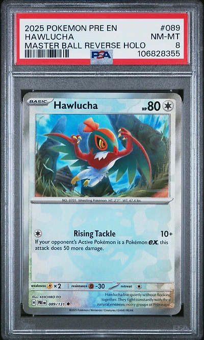 2025 Pokemon Pre En-prismatic Evolutions 089 Hawlucha Master Ball Reverse Holo PSA 8
